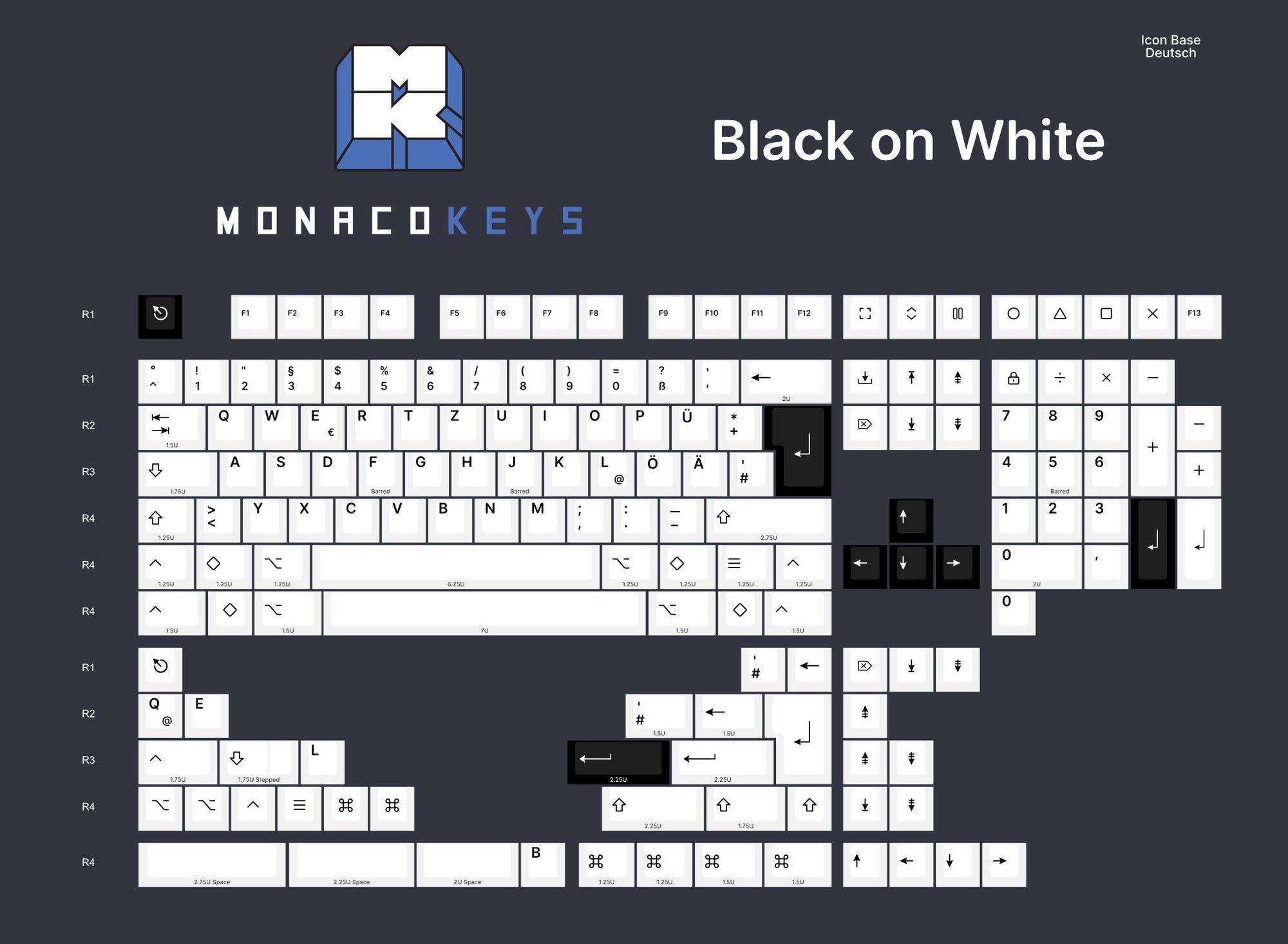 Monacokeys Black on White (ISO-DE) (Icon Modifier) Keycap Set