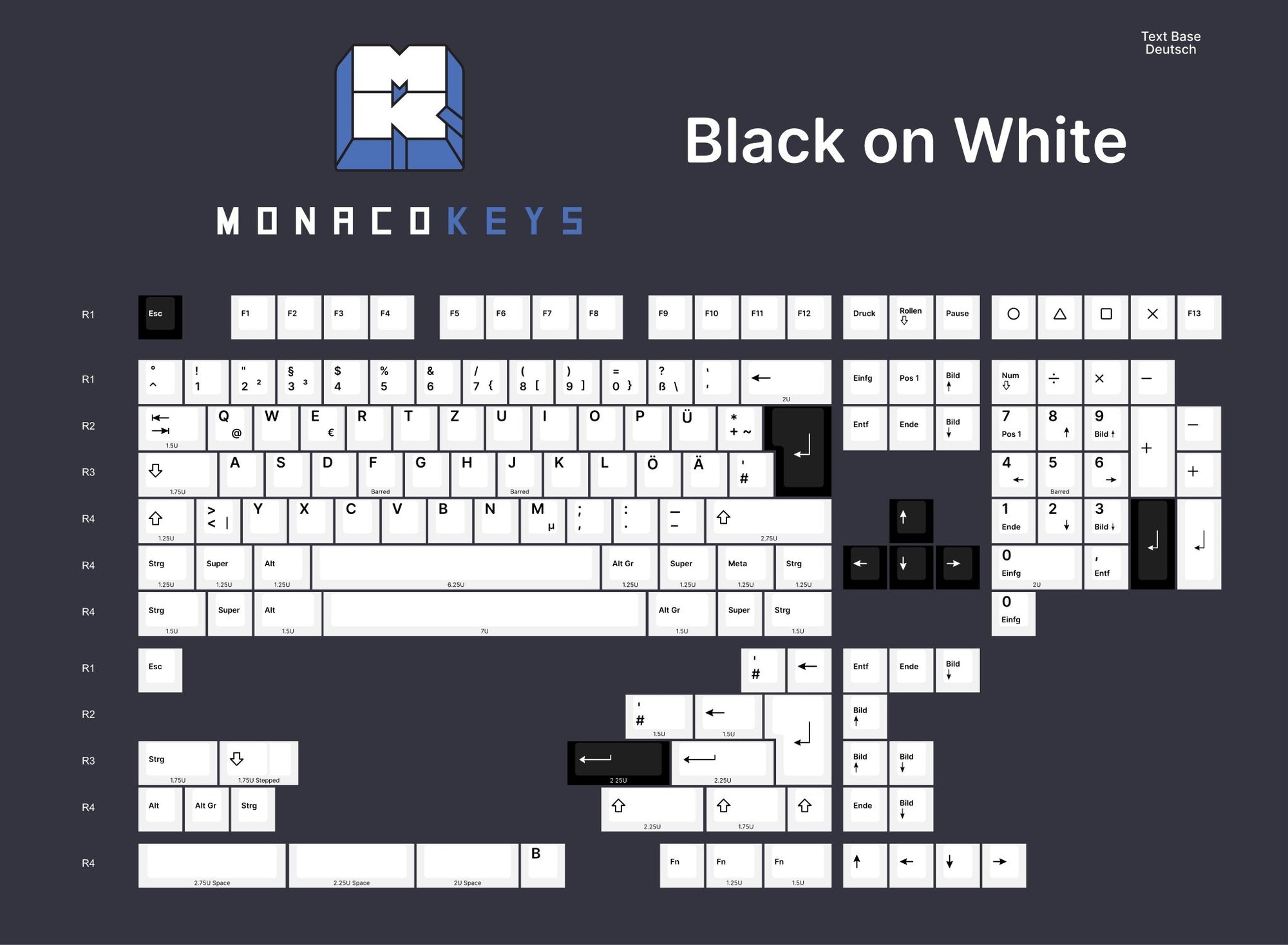 Monacokeys Black on White (ISO-DE) (Text Modifier) Keycap Set